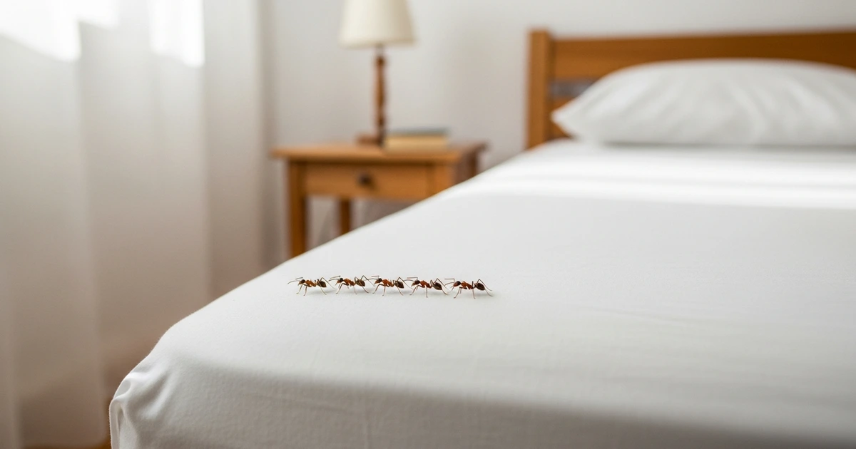 Ameisen im Bett – Ameisenstraße auf weißer Bettwäsche im Schlafzimmer