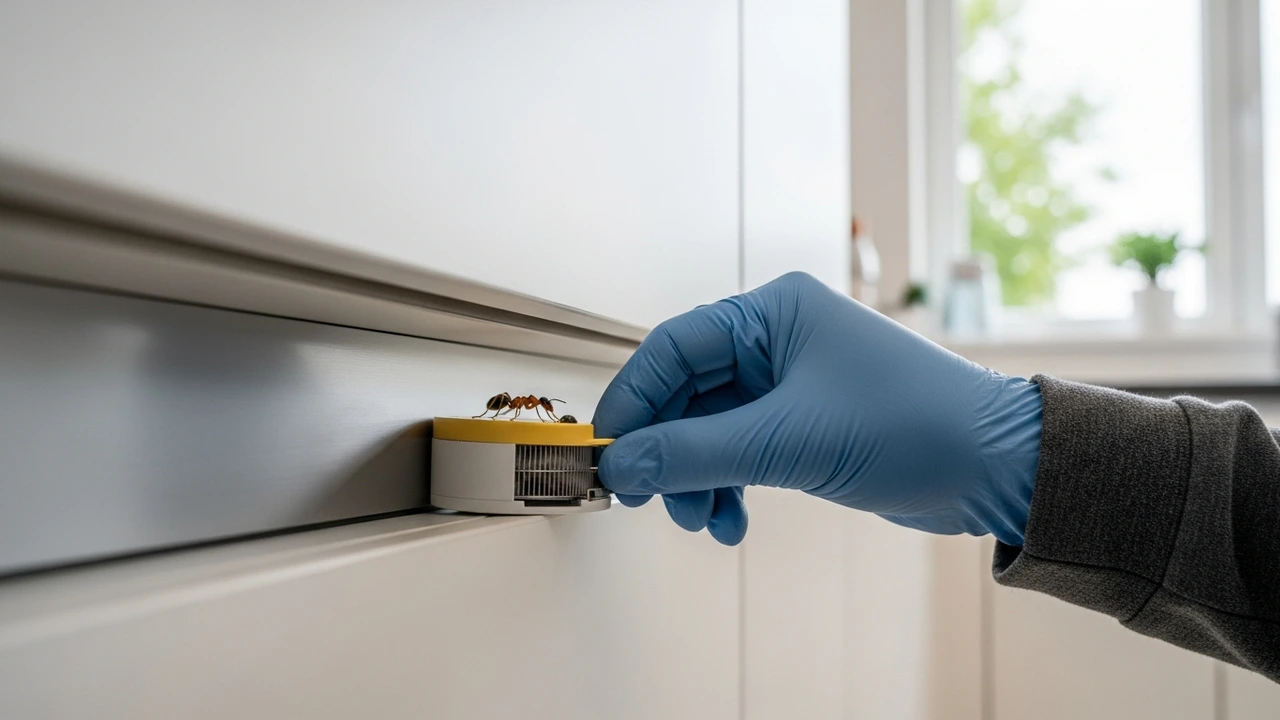Ameisenköder in Köderdose im Küchenunterschrank platziert