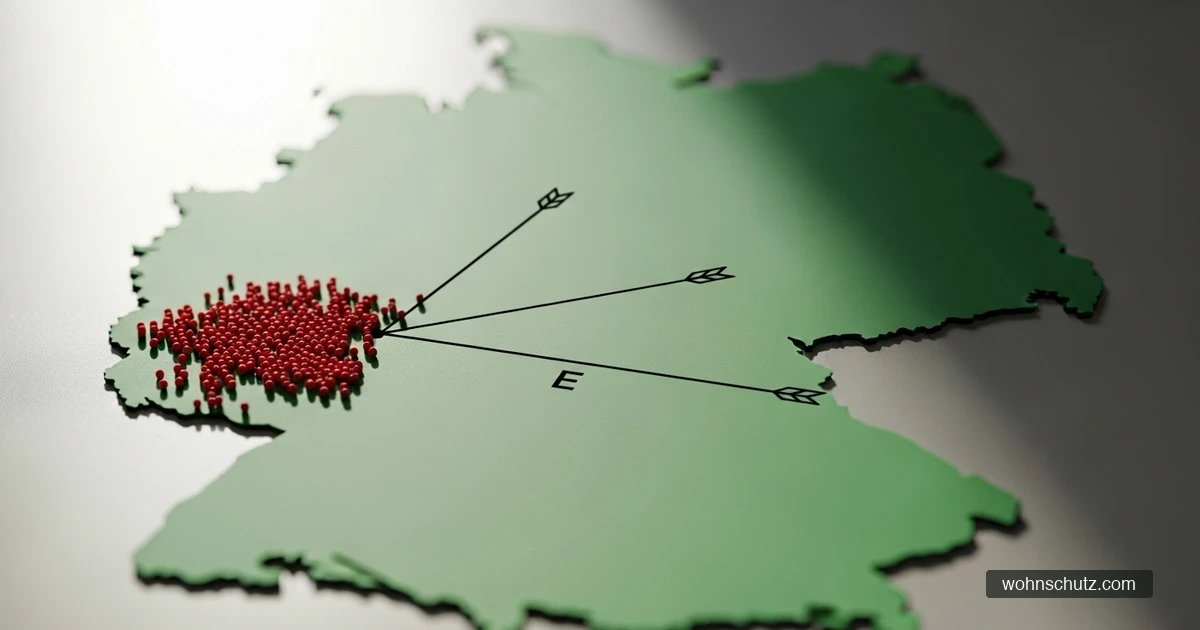 Symbolische Karte der Ausbreitung der Asiatischen Hornisse von Südwestdeutschland nach Norden und Osten