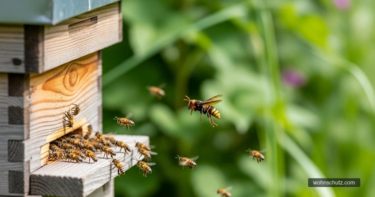 Asiatische Hornisse im Schwirrflug vor dem Flugloch eines Bienenstocks