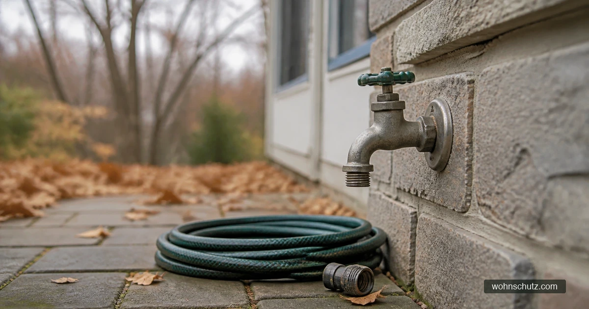 Außenwasserhahn ohne angeschlossenen Schlauch, darunter ein aufgerollter Gartenschlauch und eine abgeschraubte Kupplung