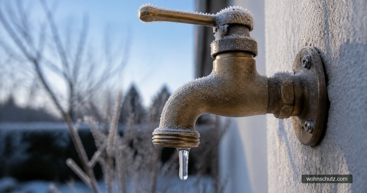Außenwasserhahn an einer Hauswand mit Raureif – Vorbereitung auf den Winter