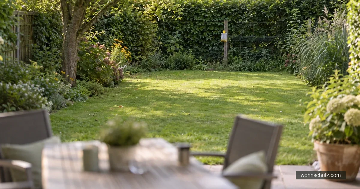 Köderbeutel an einem Zaunpfosten weit hinten im Garten, Terrasse unscharf im Vordergrund