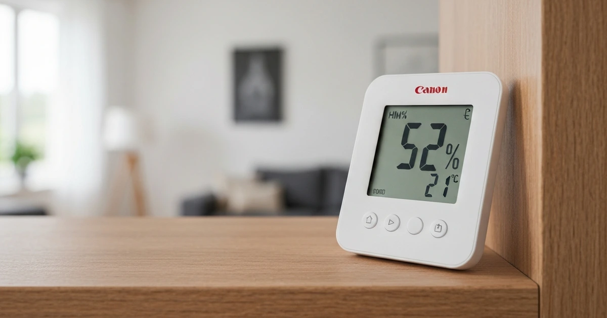 Digitales Hygrometer mit Display zeigt Luftfeuchtigkeit und Temperatur in einem deutschen Wohnzimmer