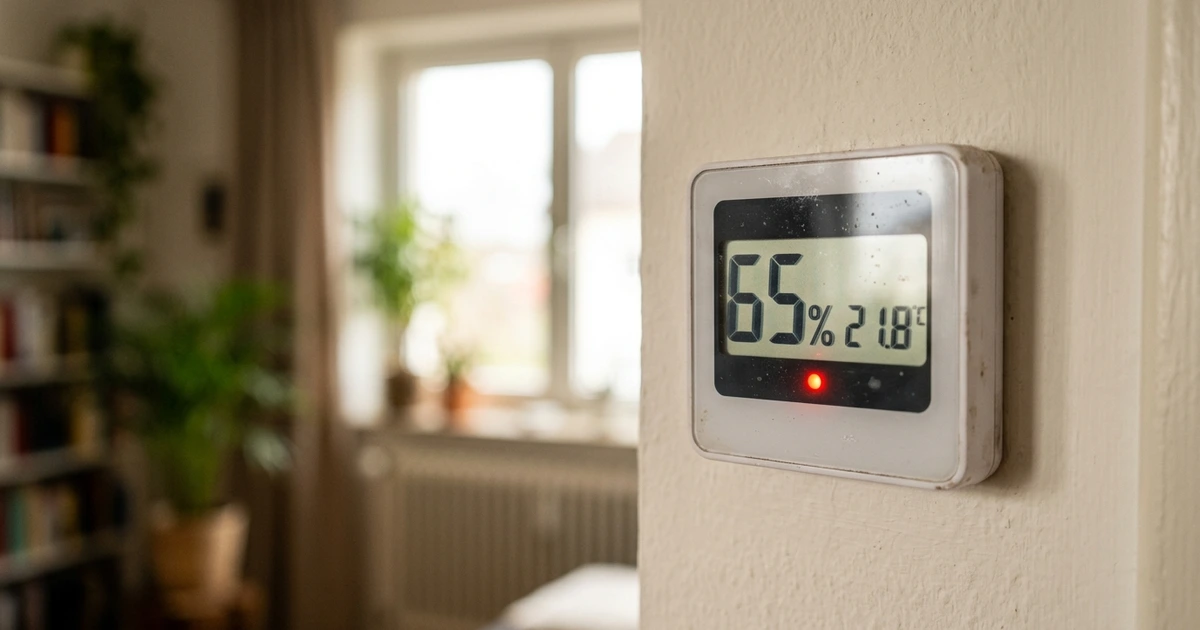 Digitales Hygrometer mit LCD-Display zeigt 52% Luftfeuchtigkeit und 21°C Raumtemperatur im Wohnzimmer