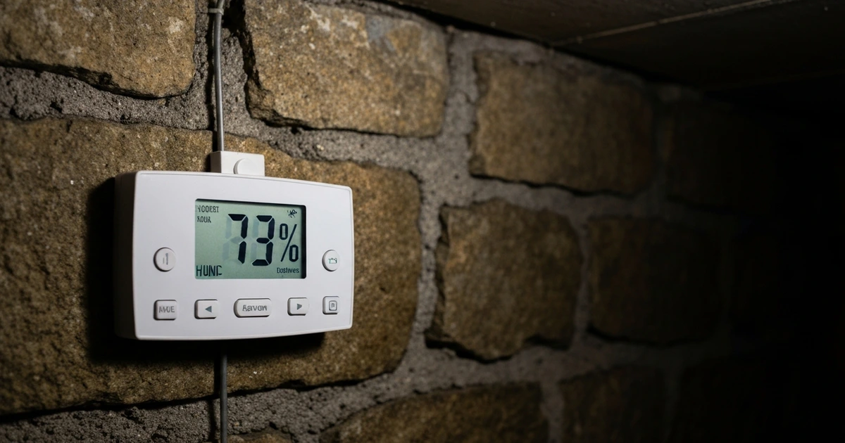 Hygrometer im Keller zeigt 74% Luftfeuchtigkeit – rote Anzeige warnt vor Schimmelgefahr an einer feuchten Betonwand