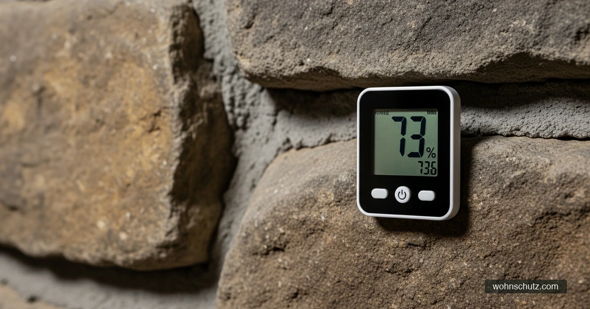 Digitales Hygrometer an Kellerwand zeigt 73% Luftfeuchtigkeit – Handlungsbedarf