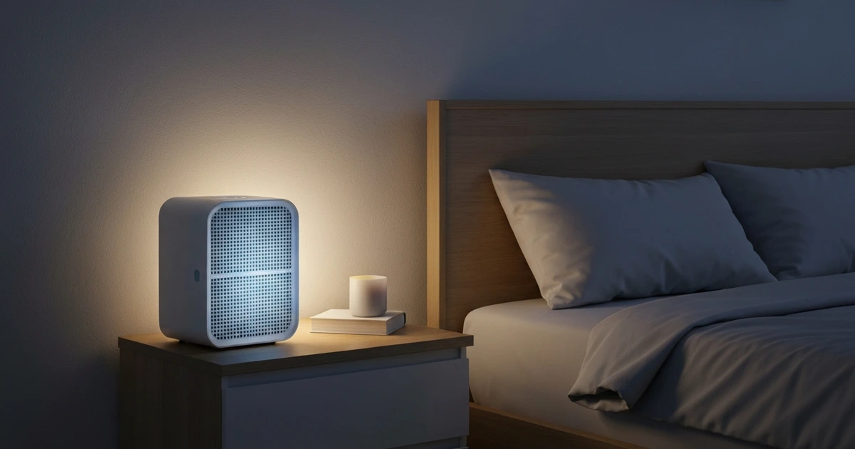 HEPA H13 Luftreiniger auf Nachttisch im Schlafzimmer – blaues Betriebslicht, Nachtmodus, neben Bett