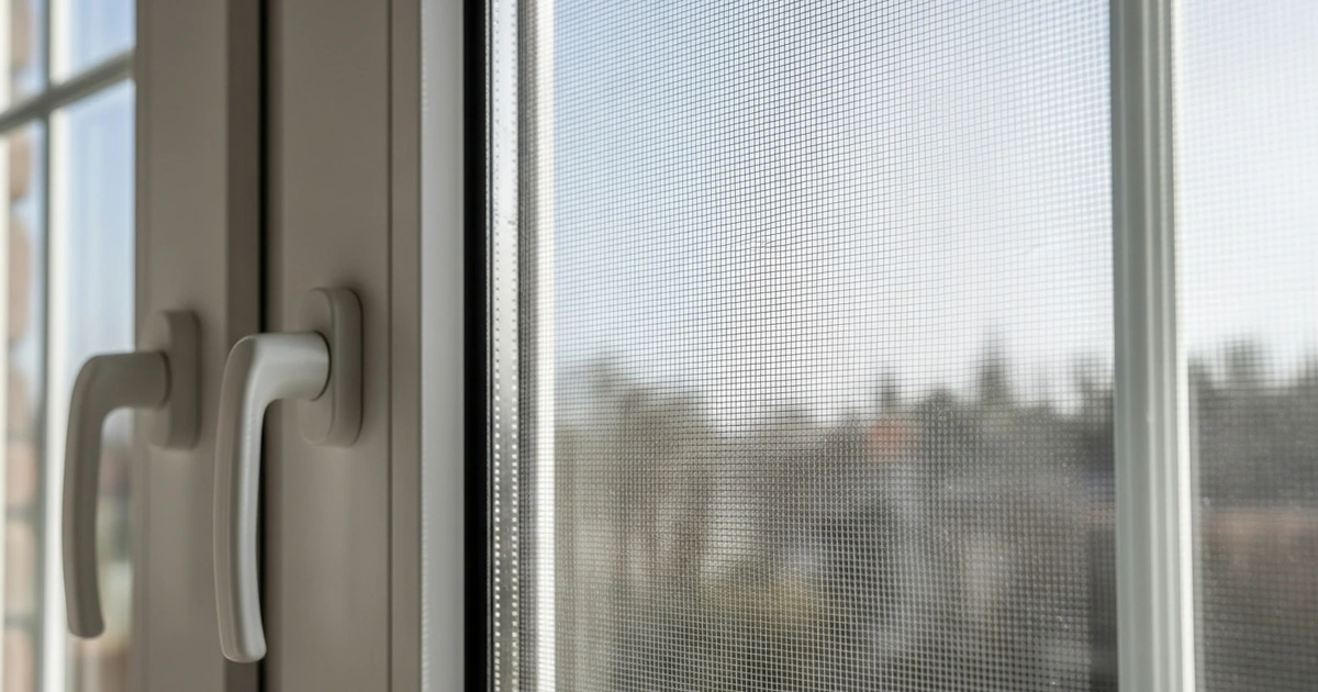 Grauer Aluminium-Spannrahmen mit weißem Insektenschutzgewebe im Fensterrahmen eingebaut – Nahaufnahme des Eck-Einpassens