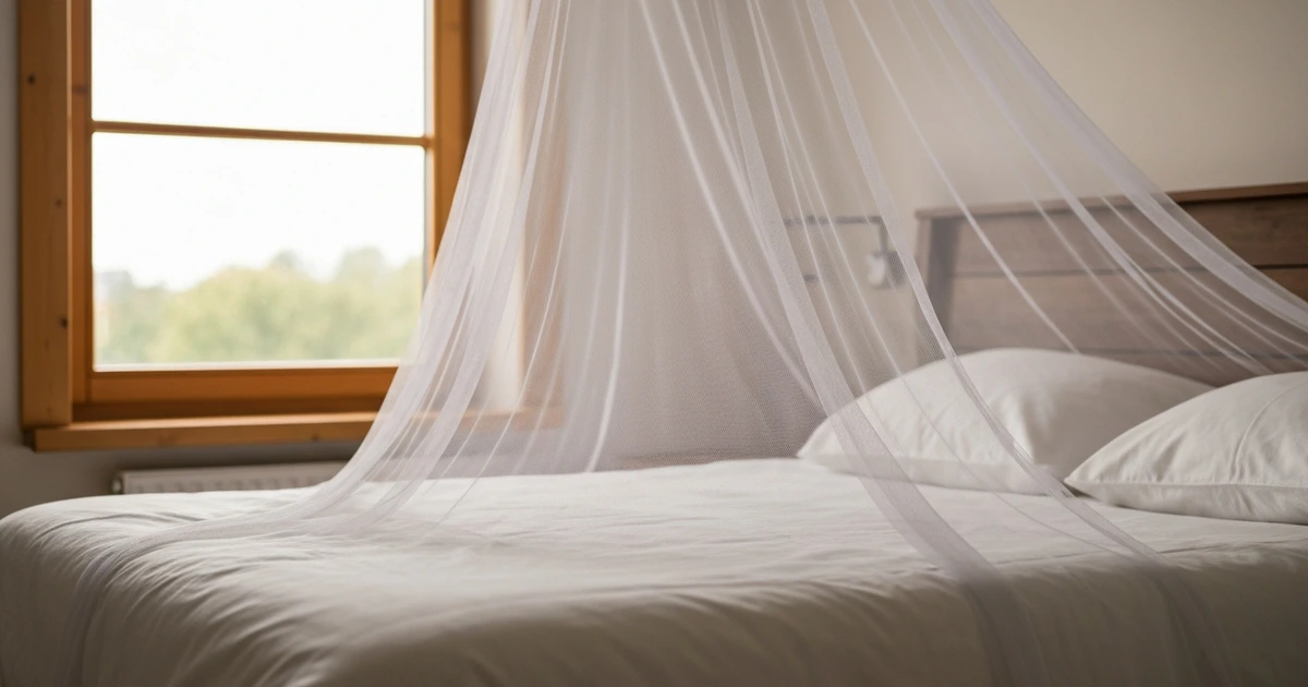 Weißer Doppelbett-Baldachin im Schlafzimmer – locker drapiert über einem Ehebett mit hellem Holzrahmen