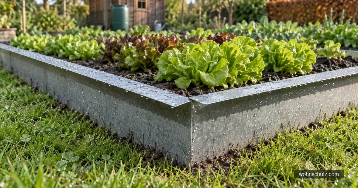 Gemüsebeet mit Salat, umgeben von einem verzinkten Schneckenzaun mit nach außen gebogener Oberkante