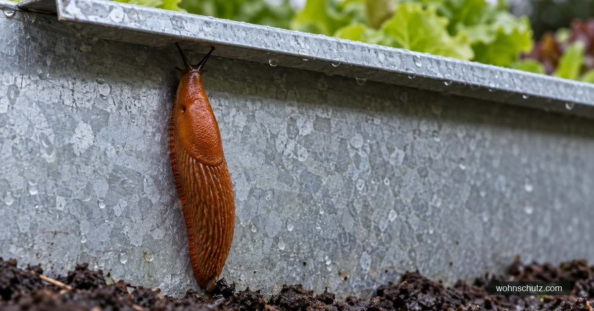Nahaufnahme einer nach außen gebogenen Blechkante, an deren Außenseite eine Nacktschnecke hochkriecht