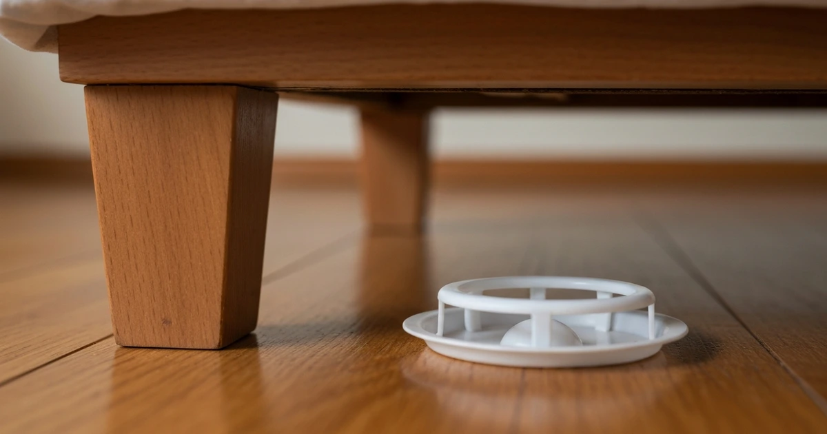 Bettwanzenklebefalle am Bettbein montiert – passives Monitoring zur Befall-Bestätigung