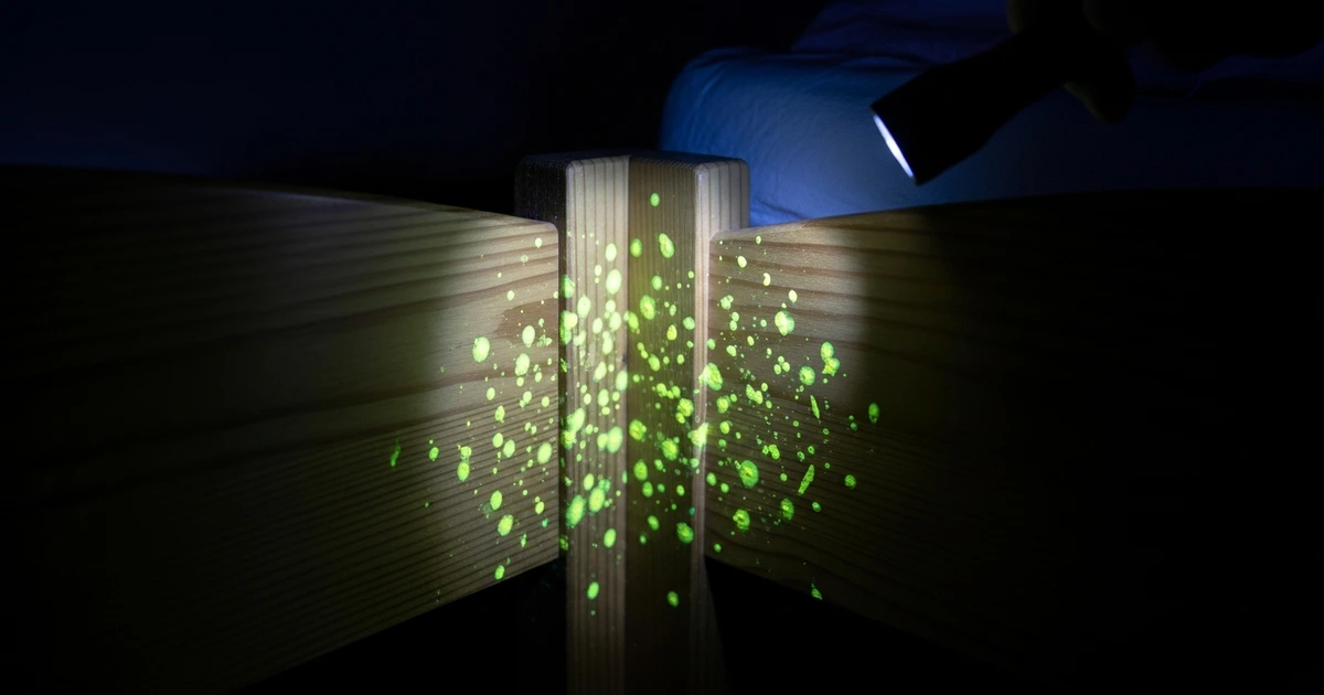 UV-Lampe bei Bettwanzen-Inspektion des Bettgestells – sichtbar gemachte Kotspuren
