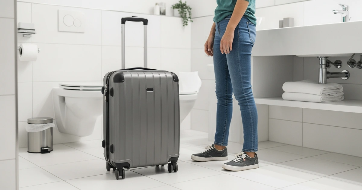 Reisekoffer im Hotelbadezimmer auf Fliesen abgestellt – Schutz vor Bettwanzen beim Einchecken
