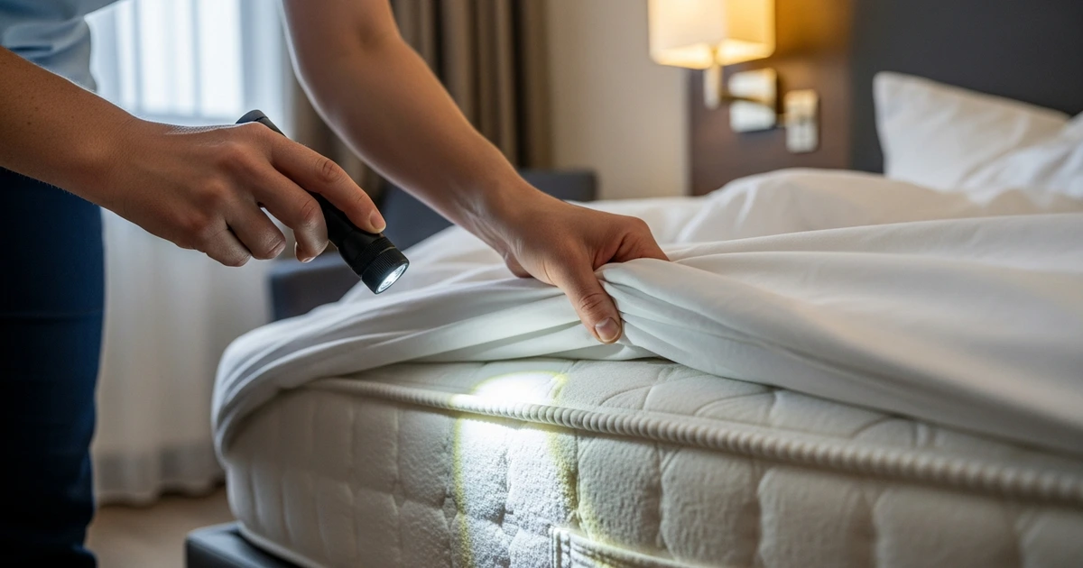 Hotelzimmer-Check auf Bettwanzen – Matratzennaht unter Taschenlampe untersuchen