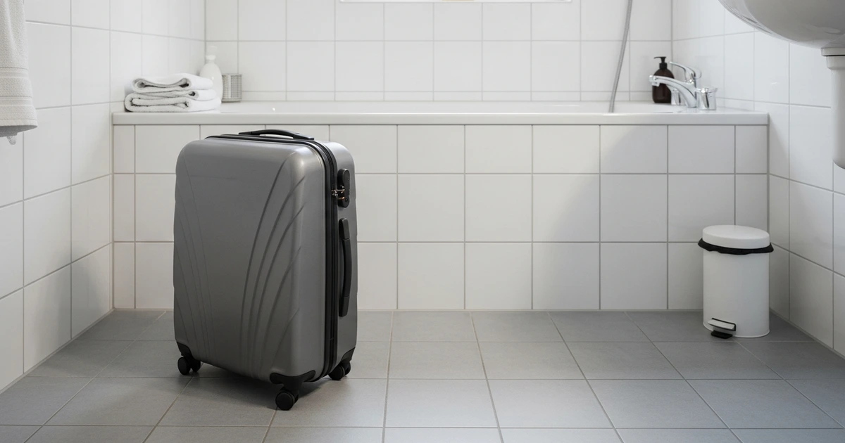 Reisekoffer steht nach dem Urlaub im Bad statt im Schlafzimmer – Bettwanzen-Prävention
