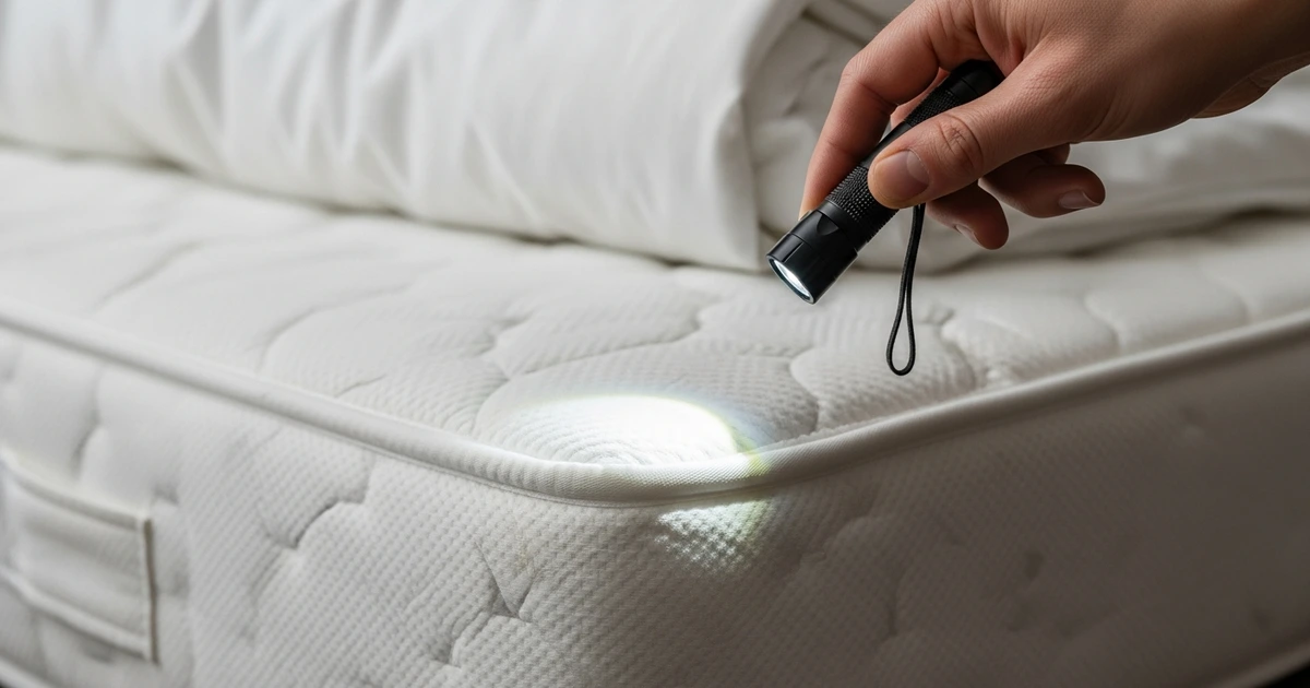 Systematische Matratzeninspektion im Hotelzimmer mit Taschenlampe