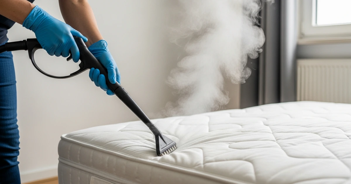Dampfreiniger-Behandlung von Matratze und Bettrahmen gegen Bettwanzen in der Wohnung