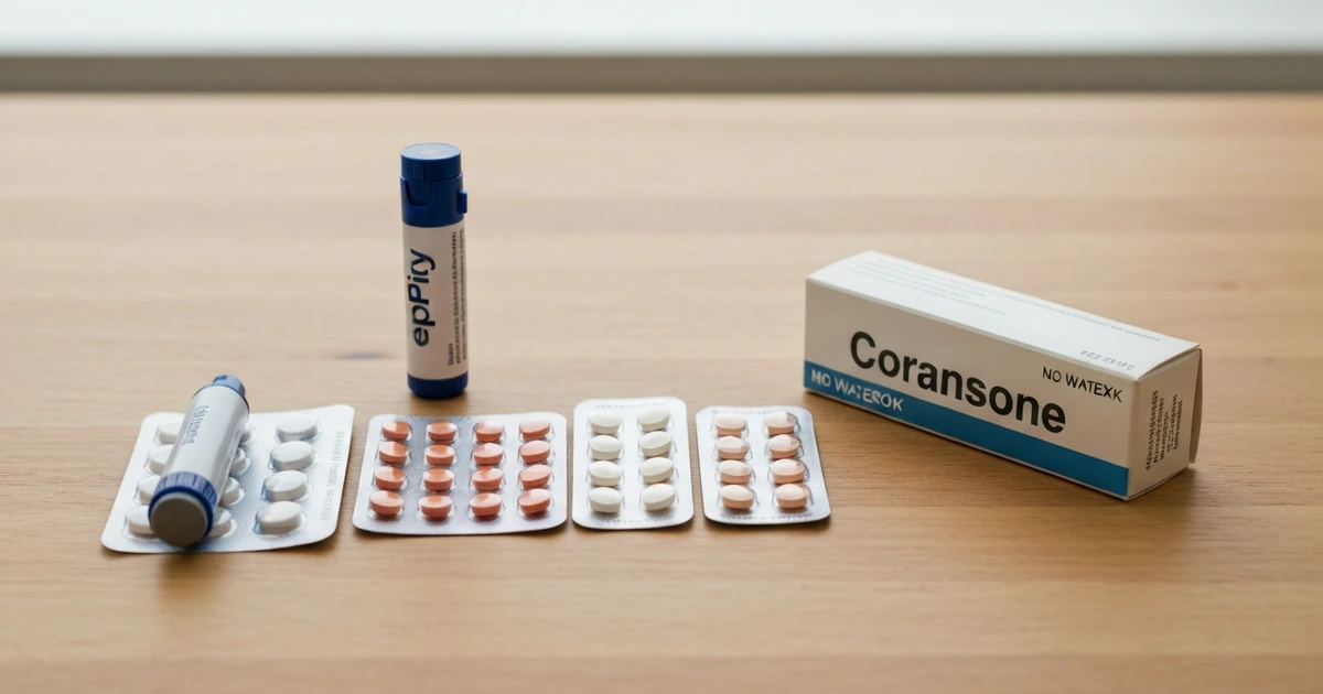 Notfallset bei Insektengiftallergie: Adrenalin-Autoinjektor, Antihistaminika und Cortison auf Holztisch