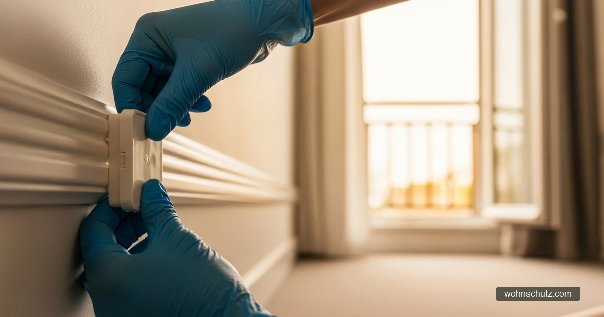 Sichere Anwendung: Person mit Handschuhen stellt eine Köderdose an einer Sockelleiste auf, Fenster im Hintergrund geöffnet