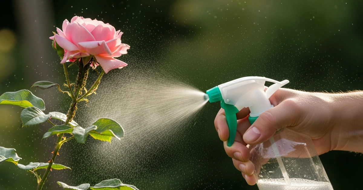 Gärtner sprüht Seifenwasser-Lösung auf Rosentriebe mit Blattläusen – einfachstes Hausmittel