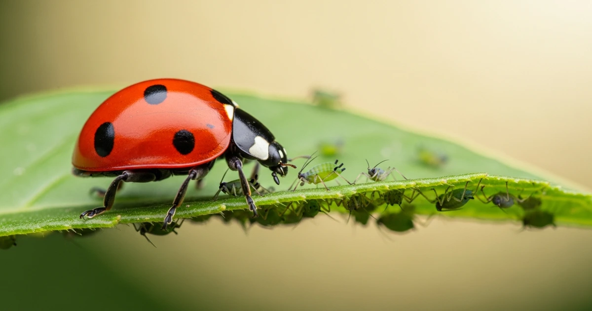 Marienkäfer frisst Blattläuse auf einem Pflanzenblatt – natürlicher Feind im Garten