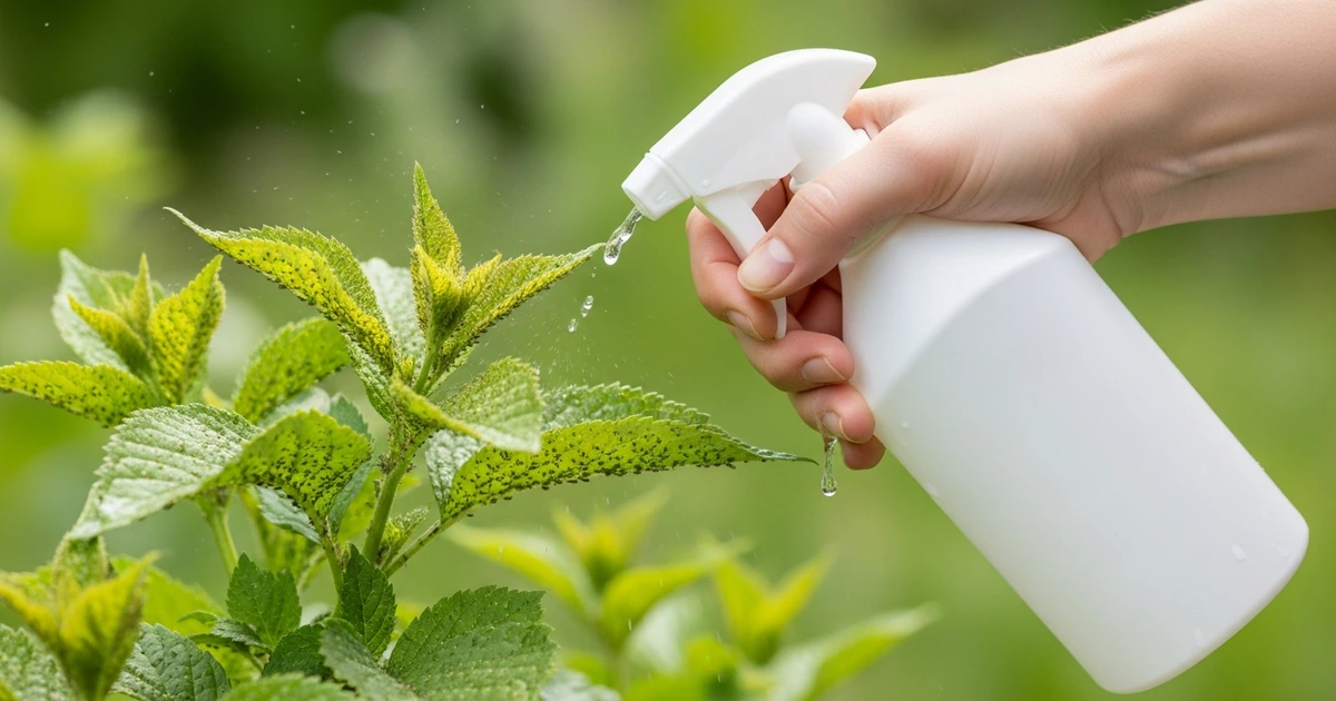 Sprühflasche mit Seifenwasser wird auf befallene Pflanze gesprüht – biologische Blattlausbekämpfung
