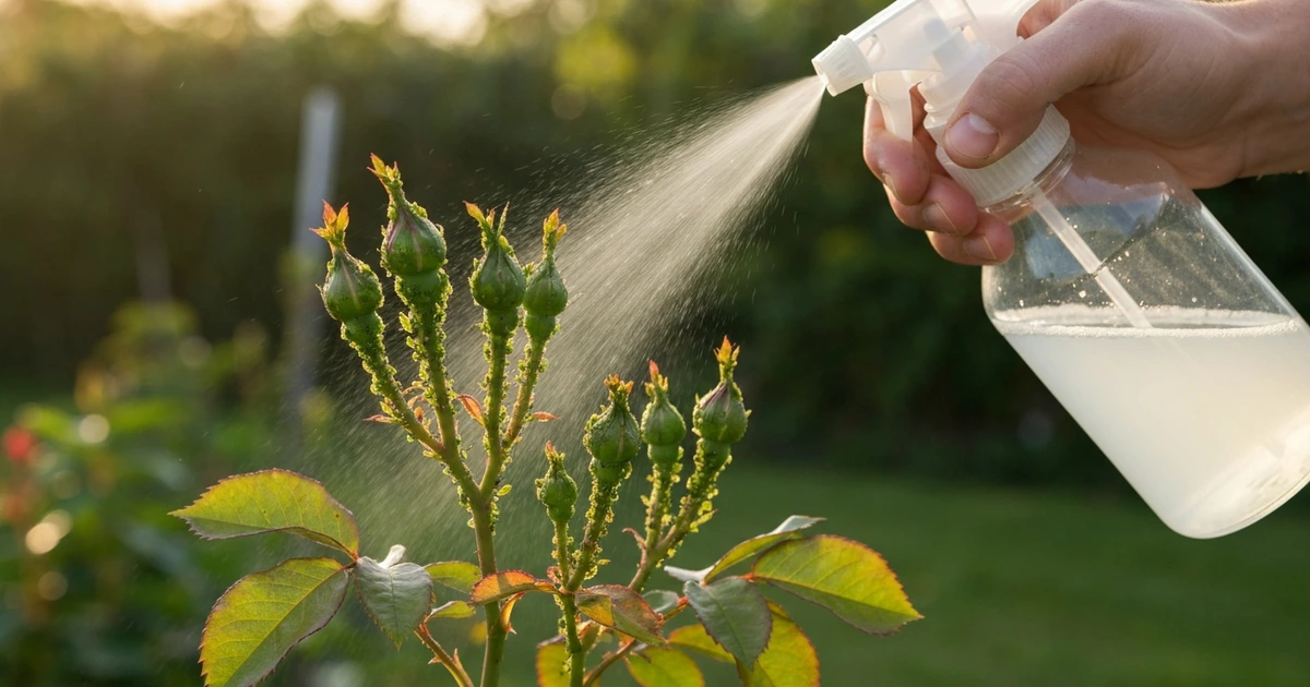 Sprühflasche mit Seifenwasser wird auf Rosentrieb mit Blattläusen gesprüht