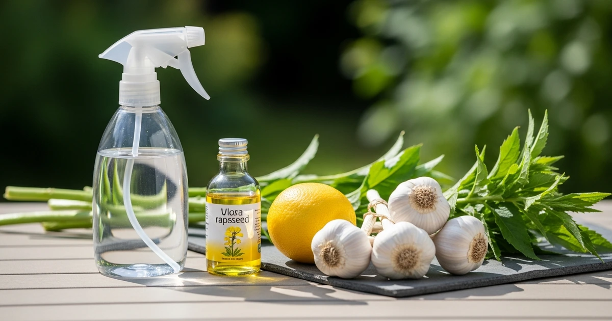 Blattläuse bekämpfen mit Hausmitteln – Sprühflasche mit Seifenwasser und Knoblauch auf Gartentisch