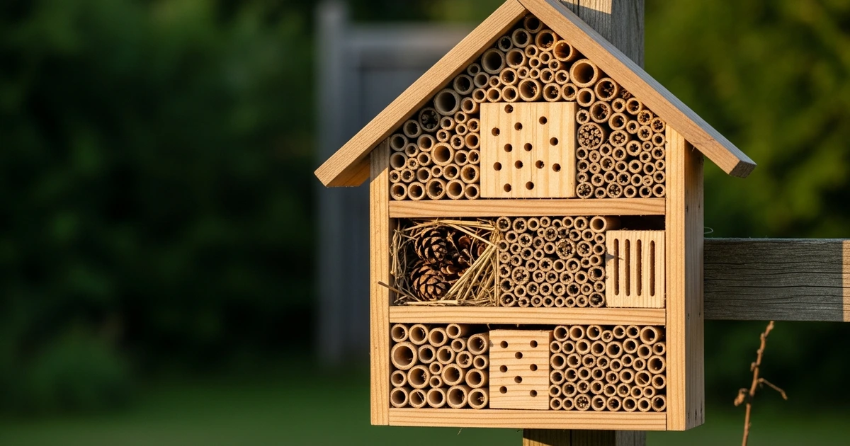 Großes Insektenhotel mit Bambus und Holz in südausgerichtetem Garten – Überwinterungsquartier für Marienkäfer