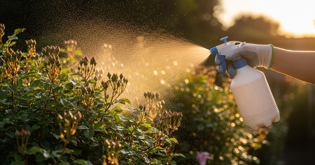Gärtner sprüht Neemöl-Lösung abends auf Rosentriebe im deutschen Garten
