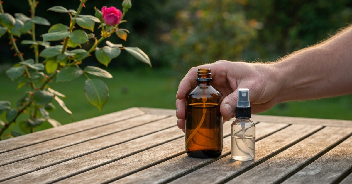 Neemöl-Spray wird abends auf befallene Pflanzentriebe gesprüht – biologischer Schutz gegen Blattläuse