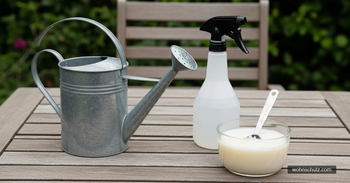 Zubereitung von Seifenlauge: Schmierseife, Messlöffel, Wasserkanne und Sprühflasche auf Gartentisch