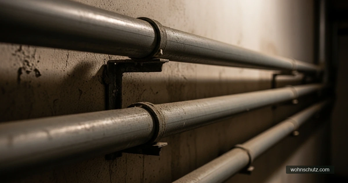 Alte graue Metall-Wasserleitungen an einer Kellerwand in einem Altbau