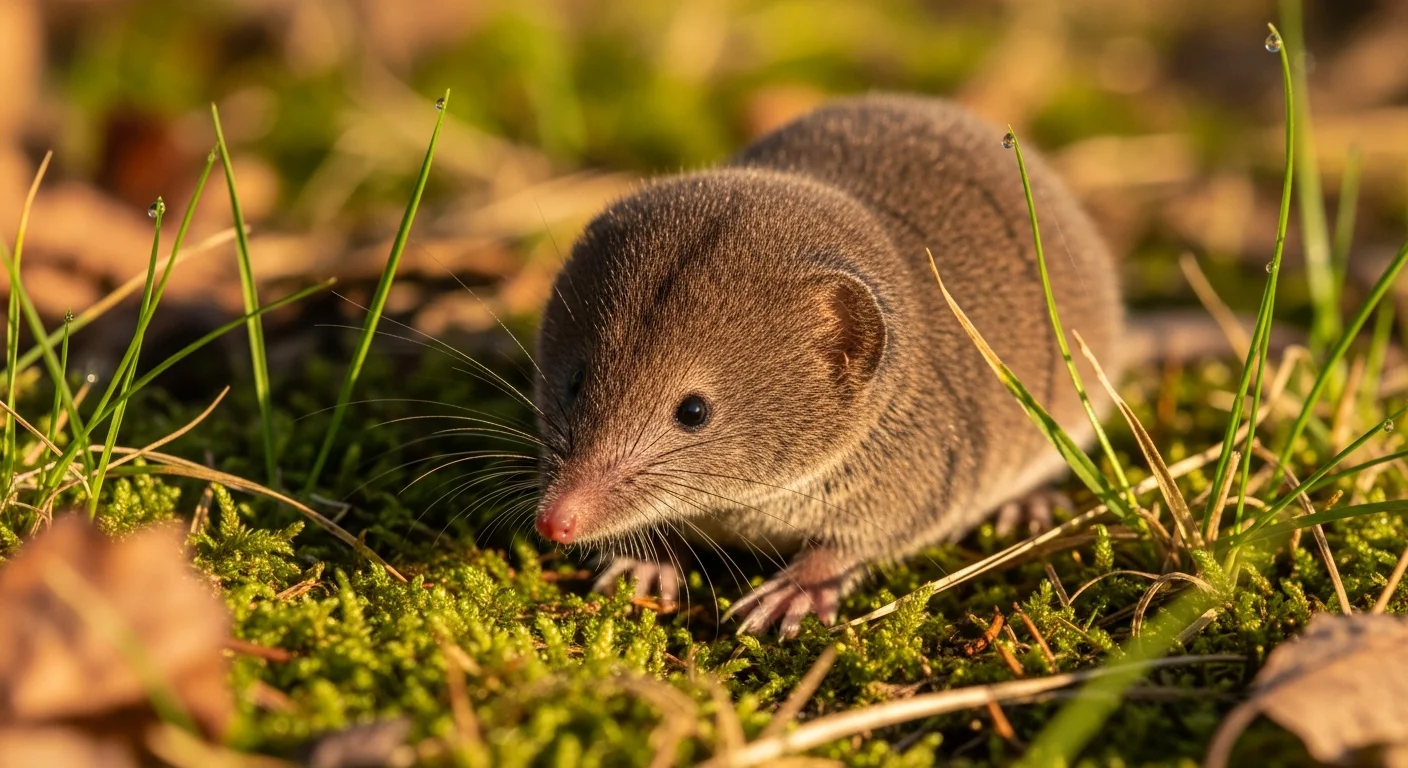 Feldspitzmaus (Sorex araneus) auf Moos und Gras in bayerischem Waldgelände – Überträger des Bornavirus