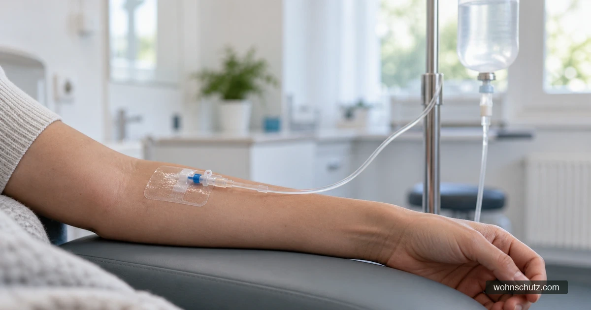 Unterarm mit liegender Venenverweilkanüle und Infusionsschlauch in einem Behandlungsraum