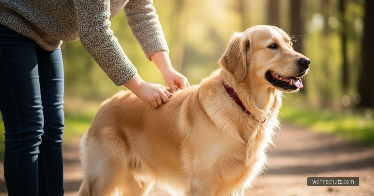 Hundebesitzer untersucht das Fell eines Golden Retrievers auf Zecken nach einem Waldspaziergang