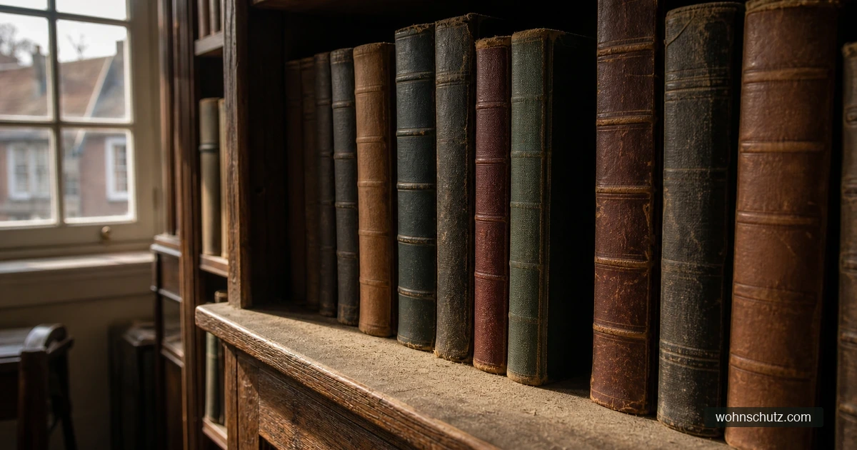Altes Bücherregal mit Leinen- und Lederbänden, feine Staubschicht auf der Regalkante, Tageslicht durch ein Sprossenfenster
