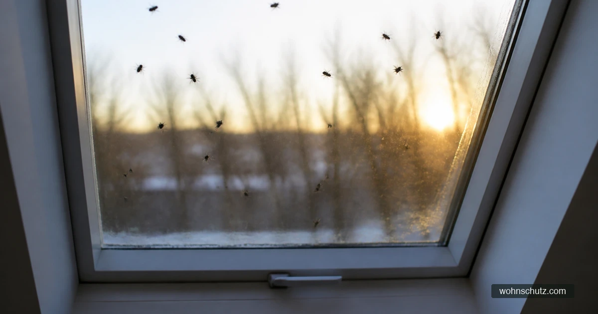 Träge Fliegen kriechen an der Innenseite eines Dachfensters über die Scheibe, dahinter winterlicher Himmel