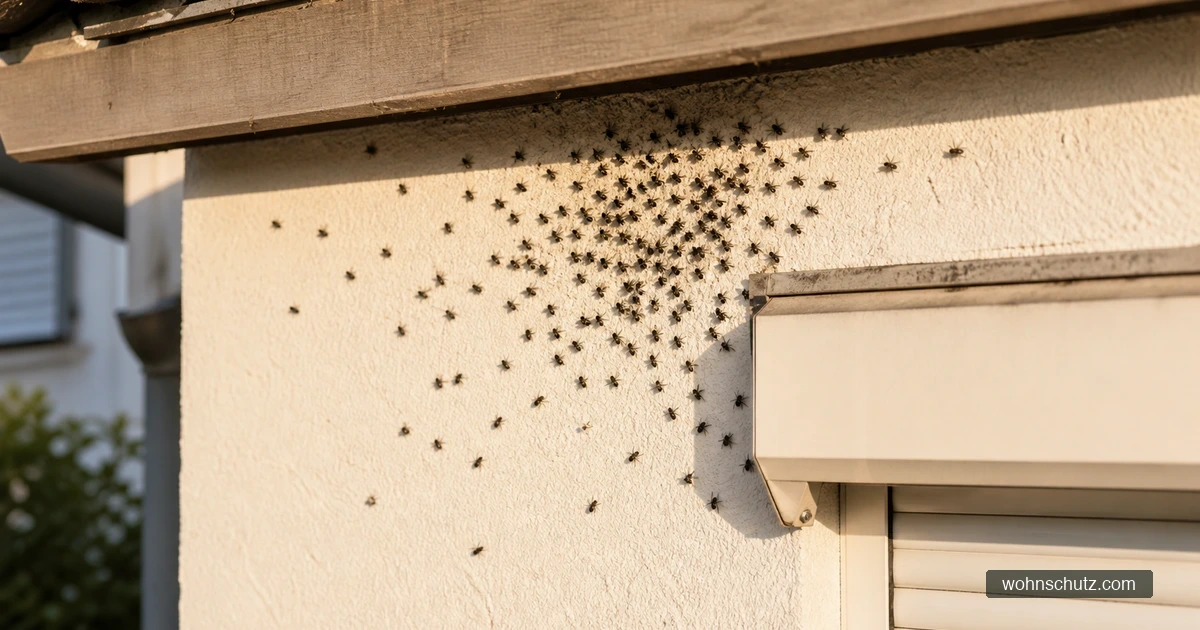 Dutzende dunkle Fliegen sitzen dicht gedrängt auf einer sonnenbeschienenen Putzfassade unter dem Dachüberstand