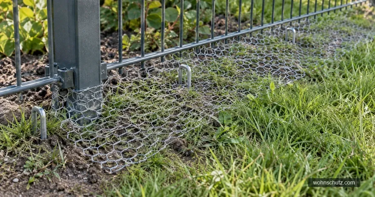 Sechseckgeflecht als nach außen ausgelegte Schürze unter einem Gartenzaun