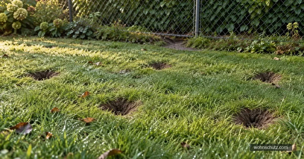 Kegelförmige Grabtrichter in einer Rasenfläche bei Morgenlicht, daneben ein Gartenzaun mit ausgetretenem Wechsel
