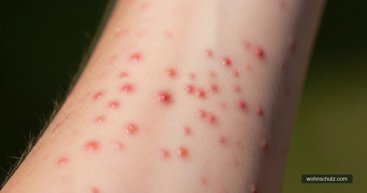 Nahaufnahme einer Raupendermatitis am Unterarm mit roten Quaddeln und Kratzspuren