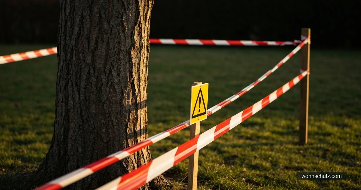 Rot-weißes Absperrband mit Warnschild vor befallener Eiche im Garten