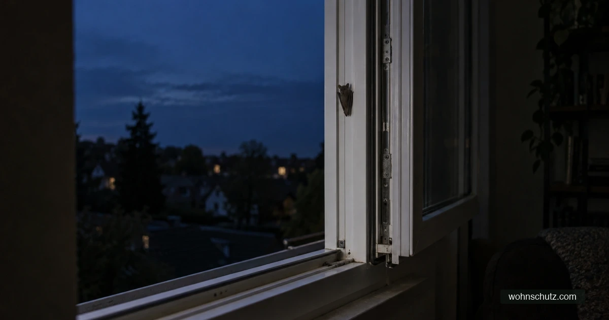 Weit geöffnetes Kunststofffenster bei Nacht, im Rahmen sitzt eine kleine Fledermaus