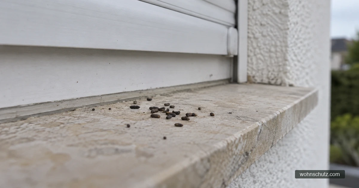 Kleine dunkle Kotkrümel auf einem hellen Fensterbrett unter einem Rollladenkasten