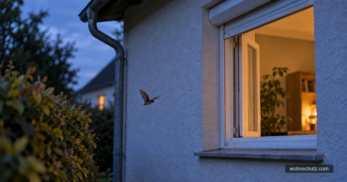 Zwergfledermaus fliegt in der Dämmerung an einer Hausfassade mit geöffnetem Fenster vorbei