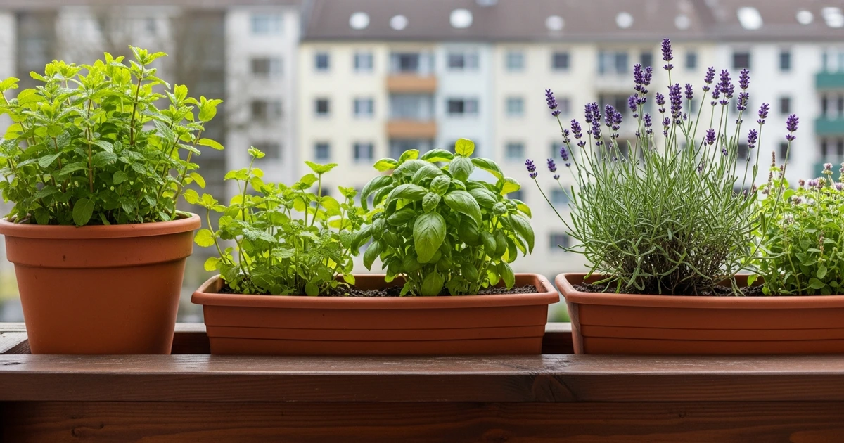 Kräutertöpfe auf deutschem Balkon – Minze, Basilikum und Lavendel als natürlicher Fliegenschutz