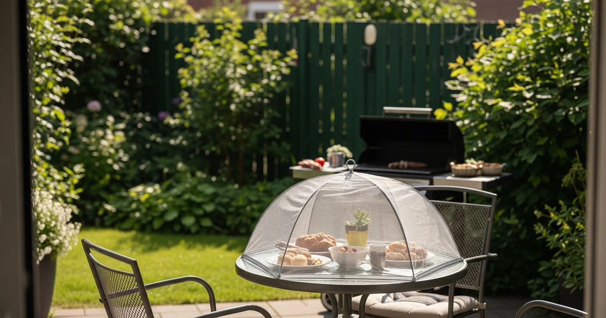 Grillabend auf deutscher Terrasse mit Fliegenschutz-Abdeckung über Speisen